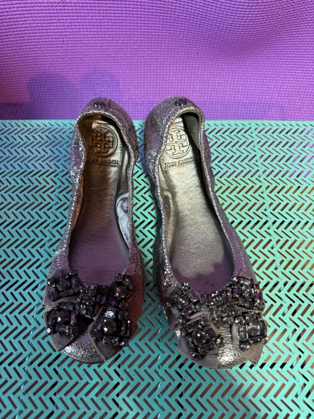 Tory Burch Metallic Purple Jeweled Ballet Flats